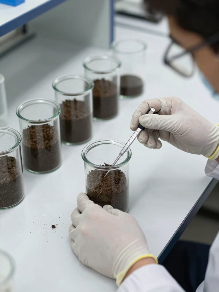 Close-up overhead view of a soil science laboratory in Herat: glass vials containing soil samples on a white bench, a technician's gloved hands holding a measuring instrument, bright studio lighting, documentary framing emphasizing process and precision