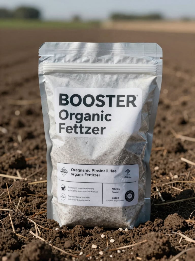 Close-up of BOOSTER organic fertilizer packaging resting on dark soil in an open field, natural daylight, product label clearly visible, loose soil granules scattered around the base of the bag, shallow depth of field