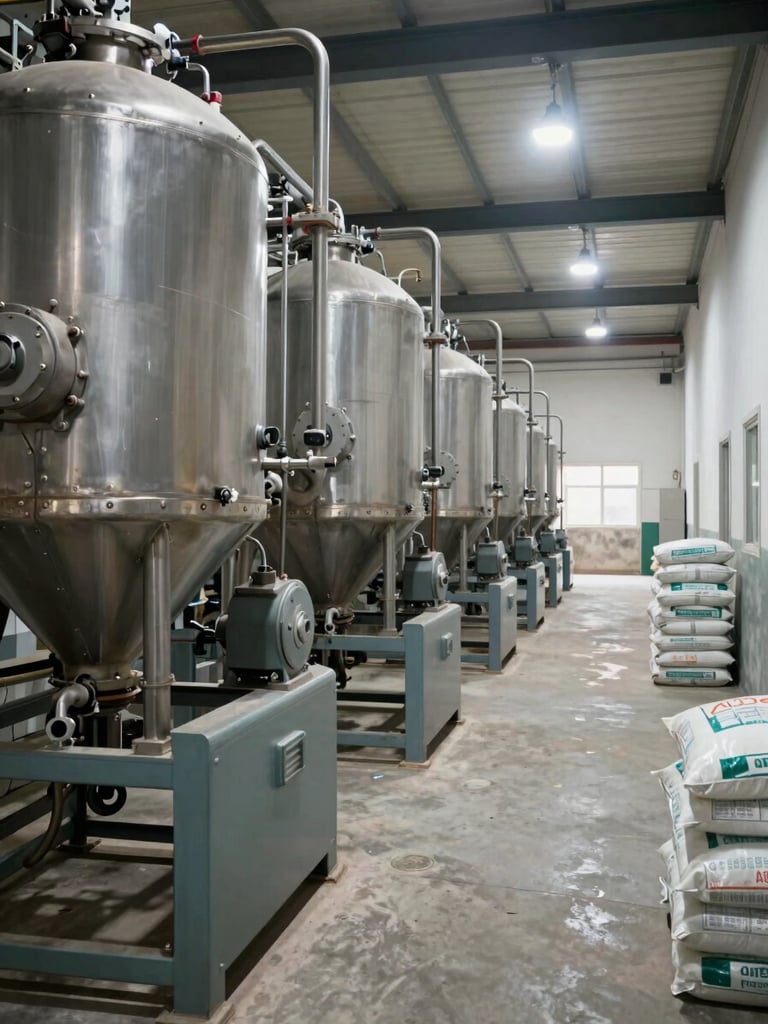 Wide shot of a fertilizer production line inside a modern factory in Herat, industrial machinery in the foreground, bags of product stacked along the right wall, bright overhead lighting illuminating the concrete floor and steel equipment, documentary framing with no people posing