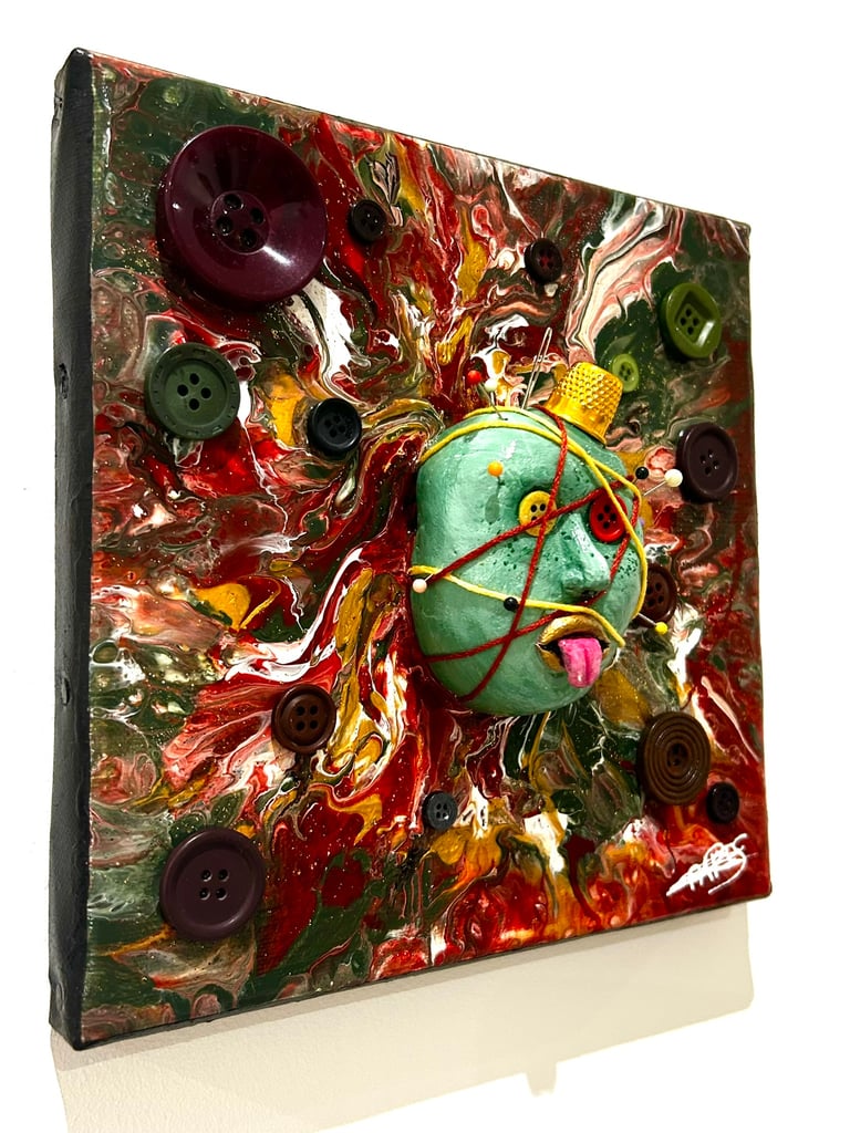 a painting of a face with buttons