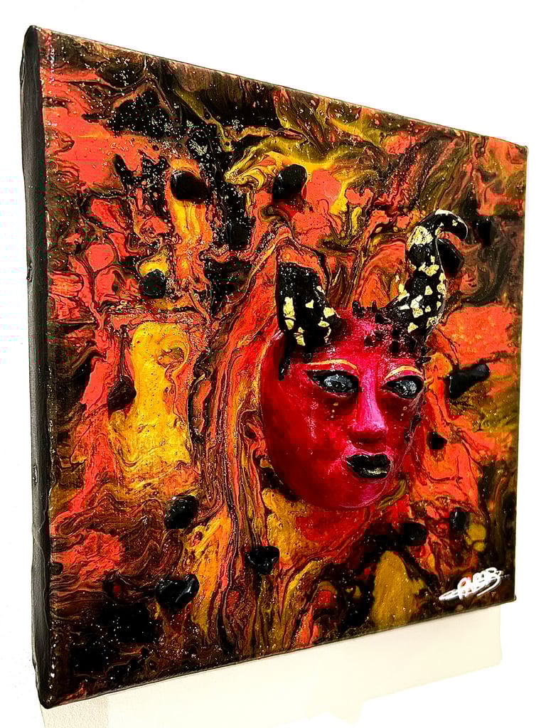 a painting of a woman's face with a red mask