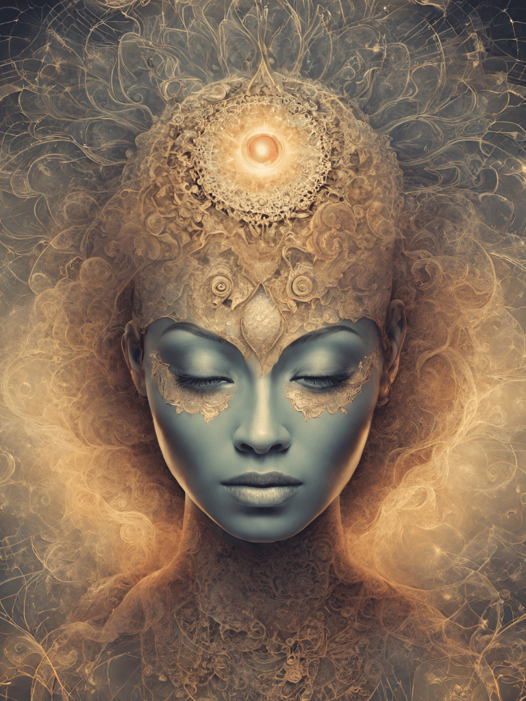 a woman with a blue face and a gold headdress