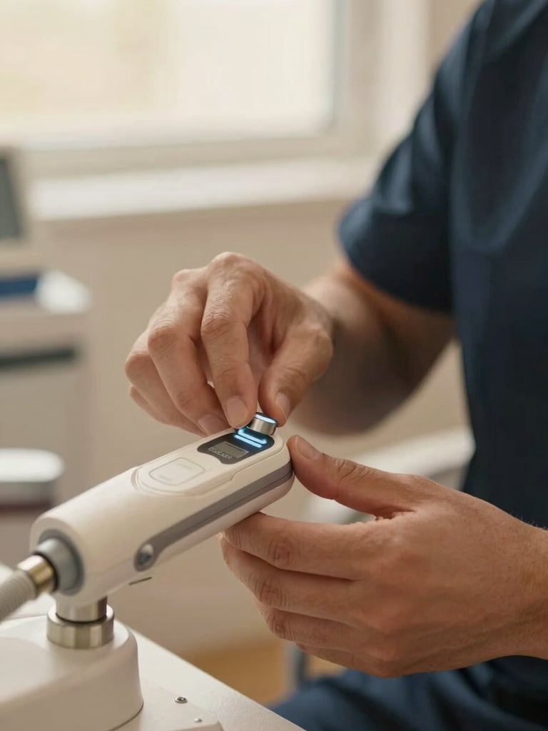 Close-up of hands adjusting a high-end medical neuromodulation device, soft warm lighting, shallow depth of field, professional and scientifically rigorous atmosphere.