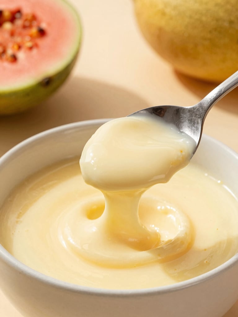 Warm editorial food photography of a spoon lifting a thick, glossy vanilla-flecked custard from a ceramic bowl, bright natural afternoon sunlight, soft shadows.