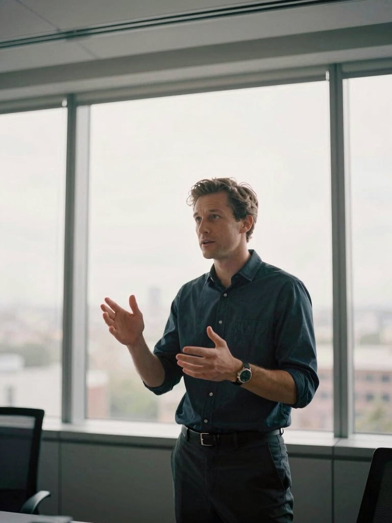 Ryan Baldwin, in a modern office, hands gesturing while explaining a strategic diagram to an unseen executive, natural window light, muted corporate tones, off-center, 35mm
