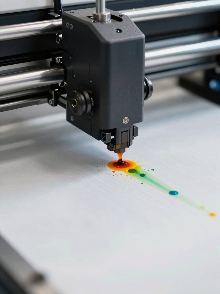 Extreme close-up of a DTF printer head moving across a transfer film, bright industrial studio lighting revealing vivid ink droplets and sharp color registration, production floor background slightly visible, technical documentary framing