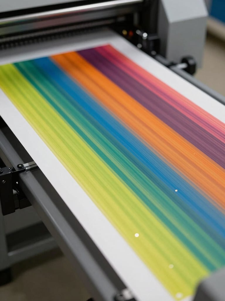 Close-up of a DTF transfer sheet emerging from the printer output tray, vivid colors sharp and saturated under bright industrial lighting, ink droplets visible at macro level, production room floor visible in background