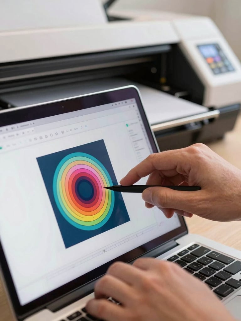 Extreme close-up of a designer's hands uploading a vector file on a laptop screen, the DTF printer visible and active in the background, bright studio light, sharp focus on the screen showing color-accurate artwork