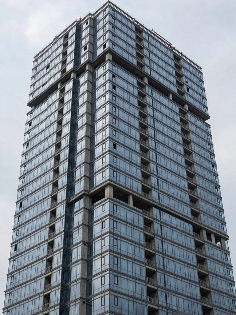 Close wide shot of a completed high-rise commercial facade, glass curtain wall meeting exposed concrete columns, overcast daylight revealing true material color, no people