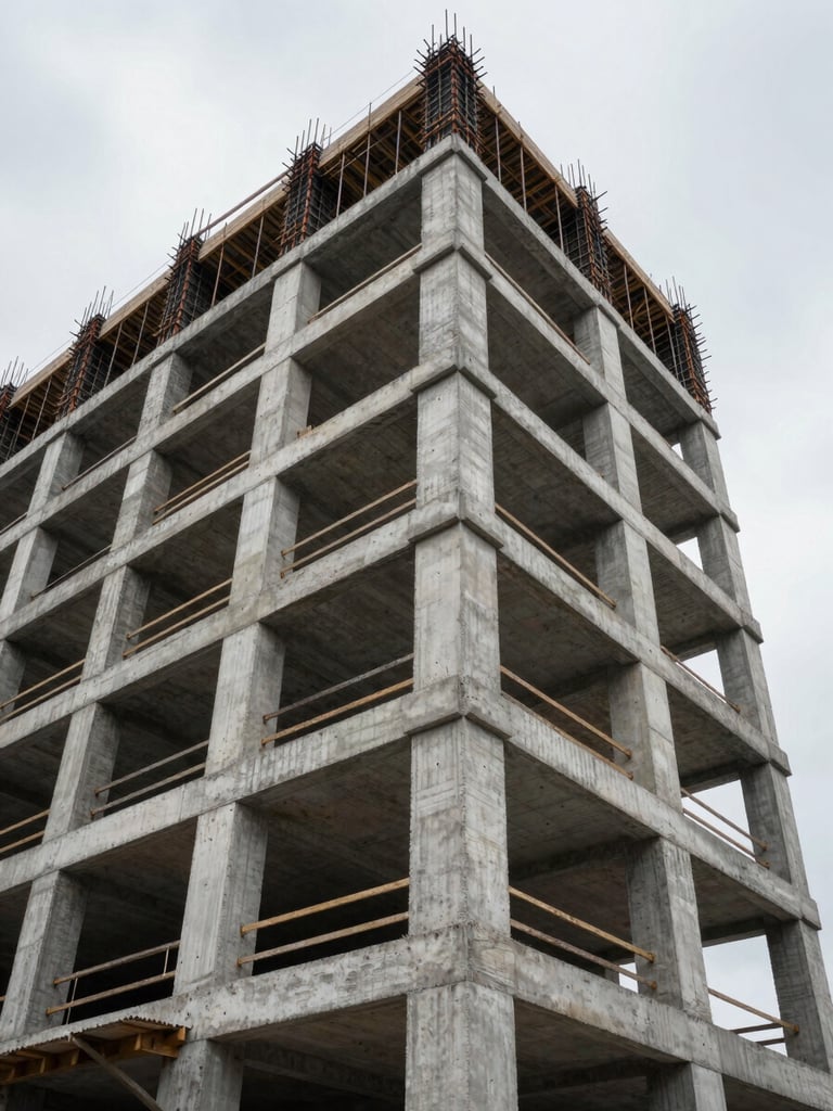 Tall architectural documentation photograph of a multi-storey concrete core under construction, formwork panels stacked in background, overcast diffuse light revealing honest concrete texture, no people, shot from ground level looking up