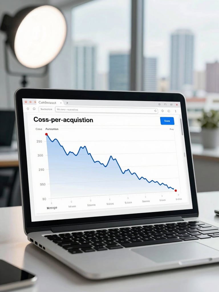 Close-up of a paid search campaign dashboard showing cost-per-acquisition trend line dropping sharply over 90 days, bright studio light on a laptop screen in a clean agency workspace, Miami skyline blurred in background window