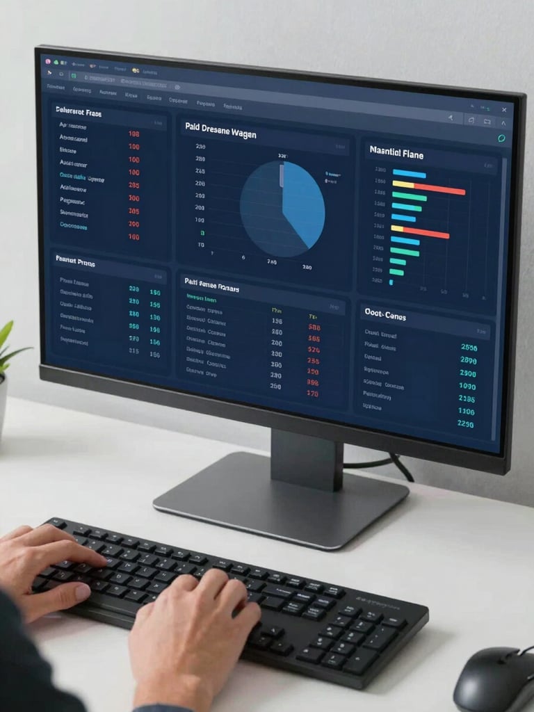 Close medium-wide shot of a marketing analyst reviewing a multi-panel paid campaign performance dashboard on a large monitor, fingers hovering over keyboard, studio-lit clarity, deep blue interface glowing on screen, clean white desk surface visible
