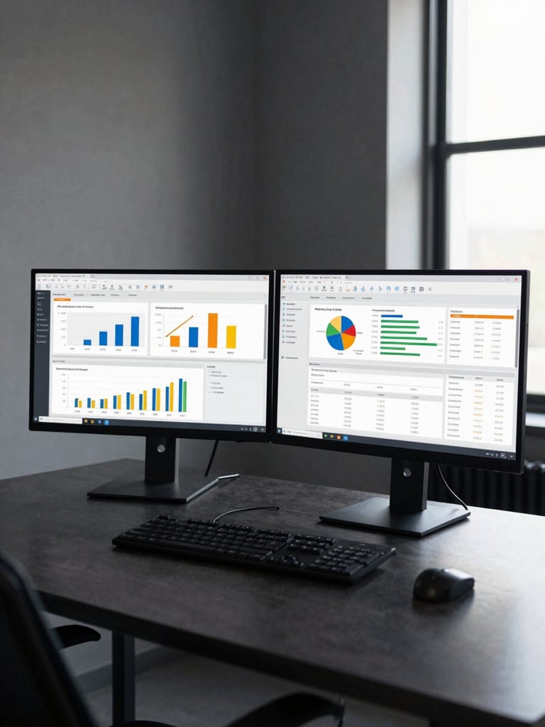 Wide-angle studio-lit view of a marketing analytics dashboard on dual monitors, campaign performance charts and revenue metrics visible mid-workflow, dark desk surface, bright window light from the right