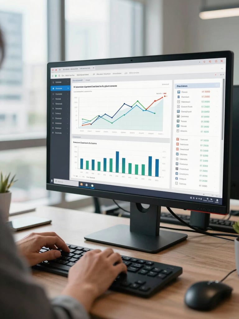 Wide medium shot of an analytics dashboard on a large monitor in a Miami office, a team member's hands visible on the keyboard reviewing campaign performance data, bright natural window light from the left, chart lines and metric columns sharp in focus