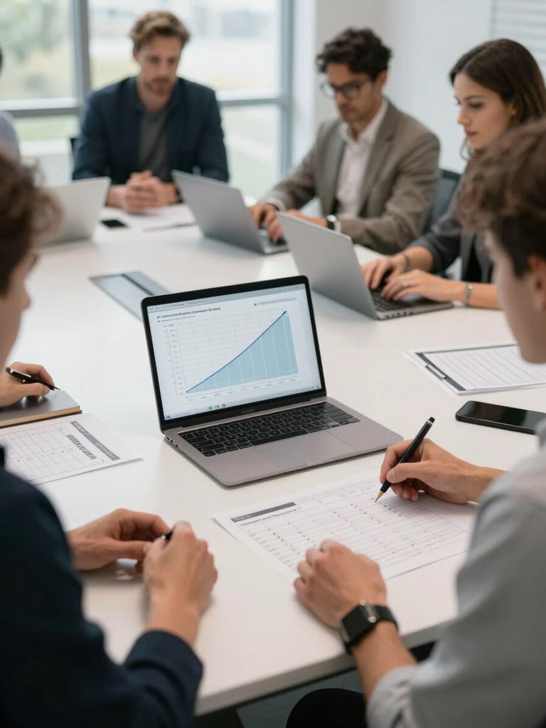 Wide shot of a content strategy session in a modern conference room, laptop showing keyword ranking chart with steep upward curve, team members reviewing printed content calendars on a white table, bright natural window light