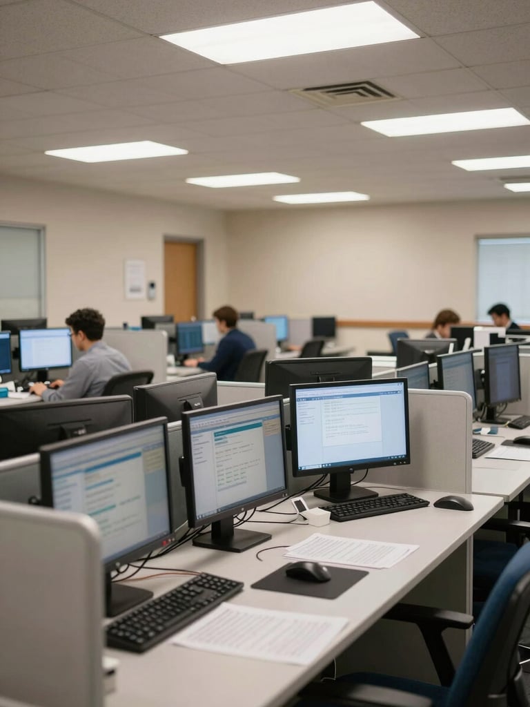 Wide shot of a banking operations floor at a mid-size institution, multiple teller workstations with monitors showing transaction interfaces, neutral overhead fluorescent lighting, rows of desks receding into background, no people visible