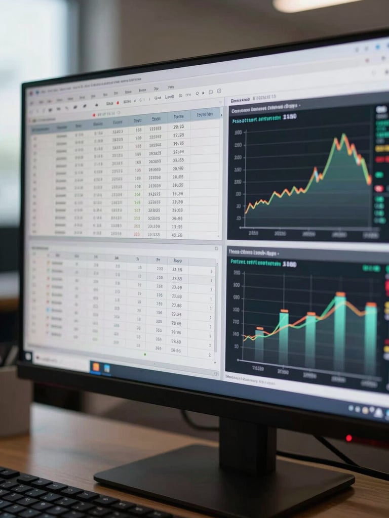 Close-up of a large monitor displaying a multi-panel ERP dashboard with financial tables, approval queues, and inventory graphs, cool monitor glow, keyboard partially visible at bottom edge, neutral office daylight from the left