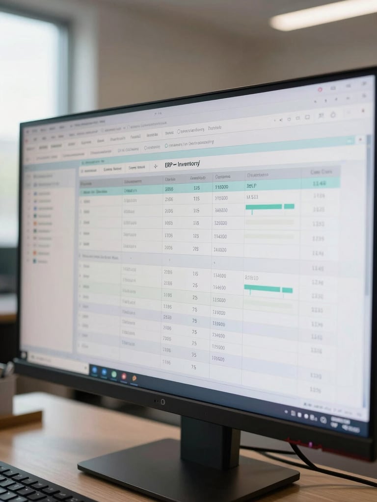 Close-up overhead view of a wide curved monitor displaying an ERP inventory and procurement dashboard, keyboard partially visible at bottom edge, neutral office daylight from left window, data tables and charts on screen