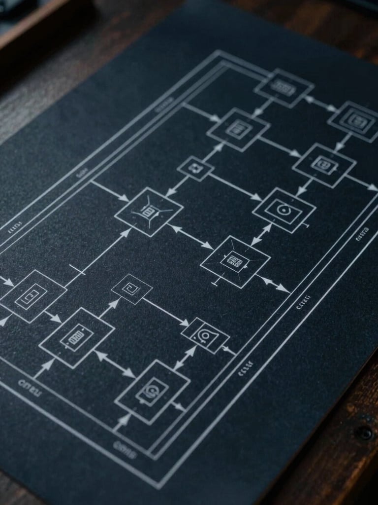 Wide technical schematic — a precise overhead architectural diagram of a data pipeline topology, node graphs and directional arrows rendered as fine white lines on deep obsidian, cool even lighting, no warm tones, high contrast, minimal and geometric