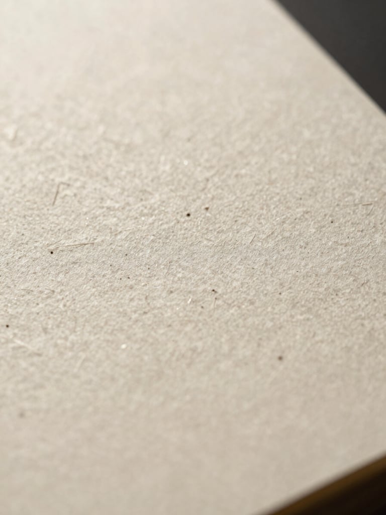 Extreme macro close-up of textured off-white paper with black printed ink, showing the subtle grain and fiber of the page under soft morning light.