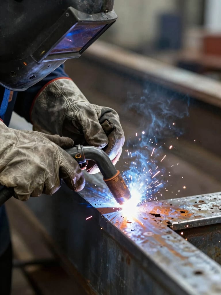 Extreme close-up of a welder's gloved hands guiding a MIG torch along a steel seam inside a shipyard hull, overhead work lights casting sharp shadows on the weld bead, natural industrial conditions, no studio lighting, documentary framing