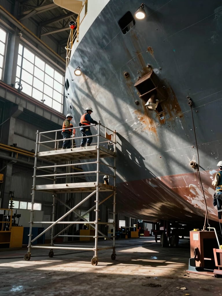Wide environmental shot inside a shipyard dry-dock, a crew of workers on scaffolding performing surface preparation on a vessel hull, overhead work-lights casting hard shadows across the steel, no faces visible, rough industrial site conditions — natural daylight filtering through high warehouse openings on the left, dark receding structure on the right