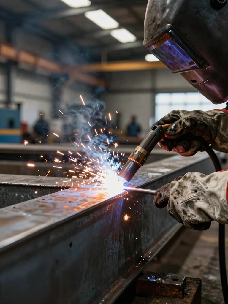 Extreme close-up from the right side, a welder's gloved hands guiding a MIG torch along a thick steel plate seam inside a shipyard bay, overhead work lights casting hard shadows on the molten bead, sparks trailing left, industrial steel structure visible in background