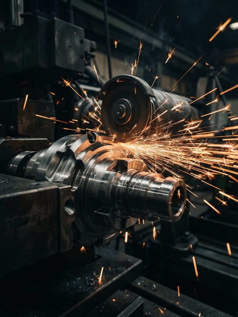 Macro detail shot of a high-tolerance machined steel component, warm amber sparks casting dramatic shadows, high-contrast industrial lighting, sharp focus, 50mm lens.