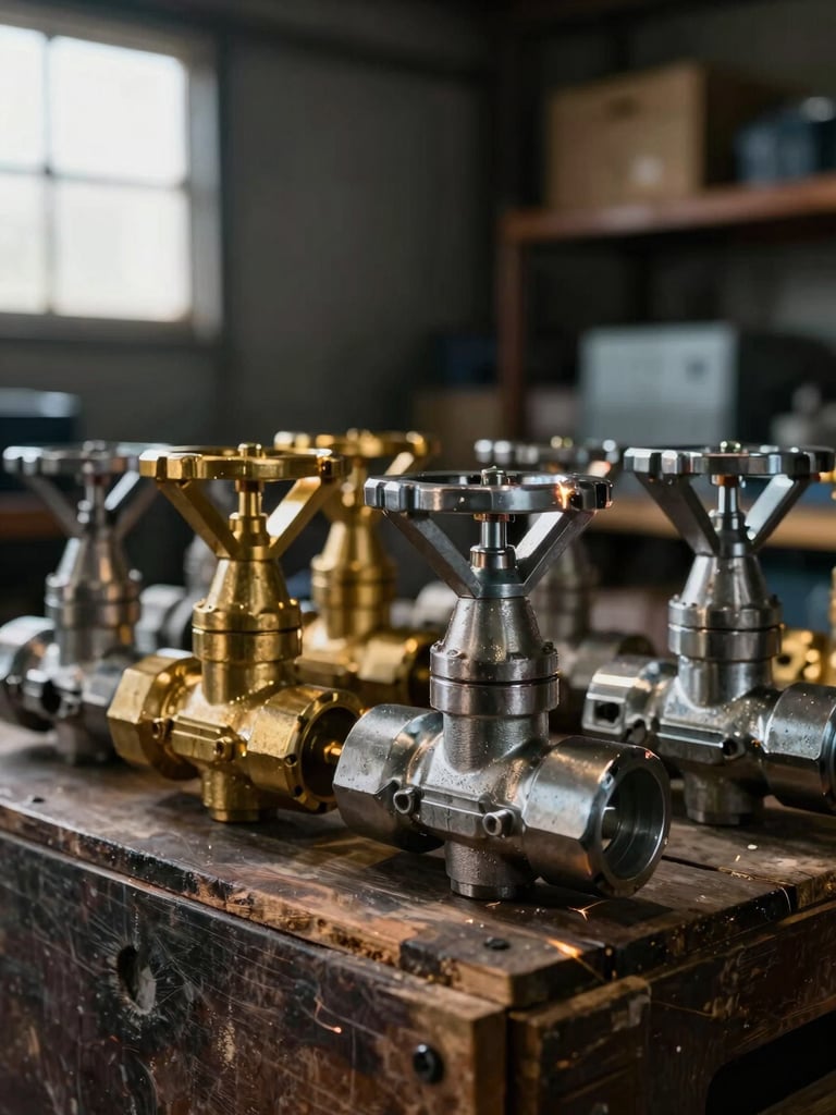 Close-up of high-tolerance machined brass and steel valves resting on a dark wooden crate in a warehouse, dramatic side lighting from a window, 50mm lens