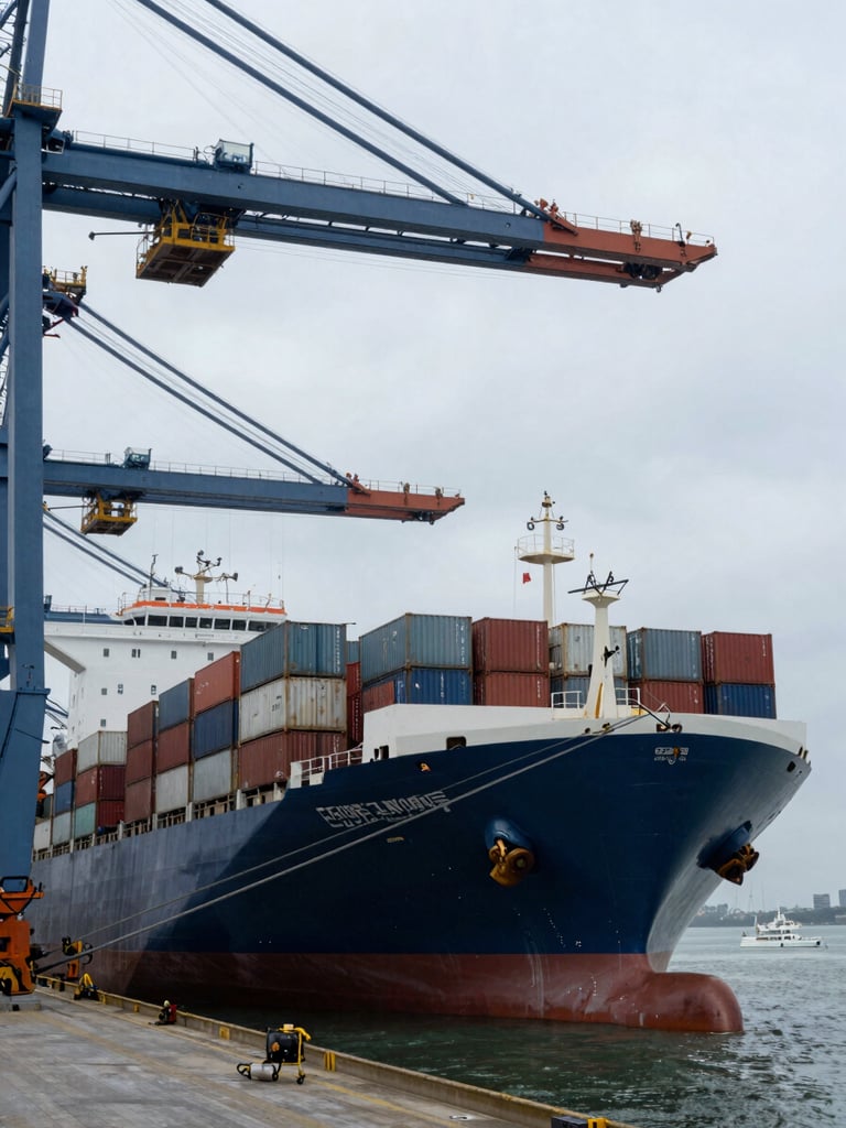 Wide-angle industrial view of a massive container vessel docked at a deep-water terminal under cool overcast daylight, steel cranes framing the sky.