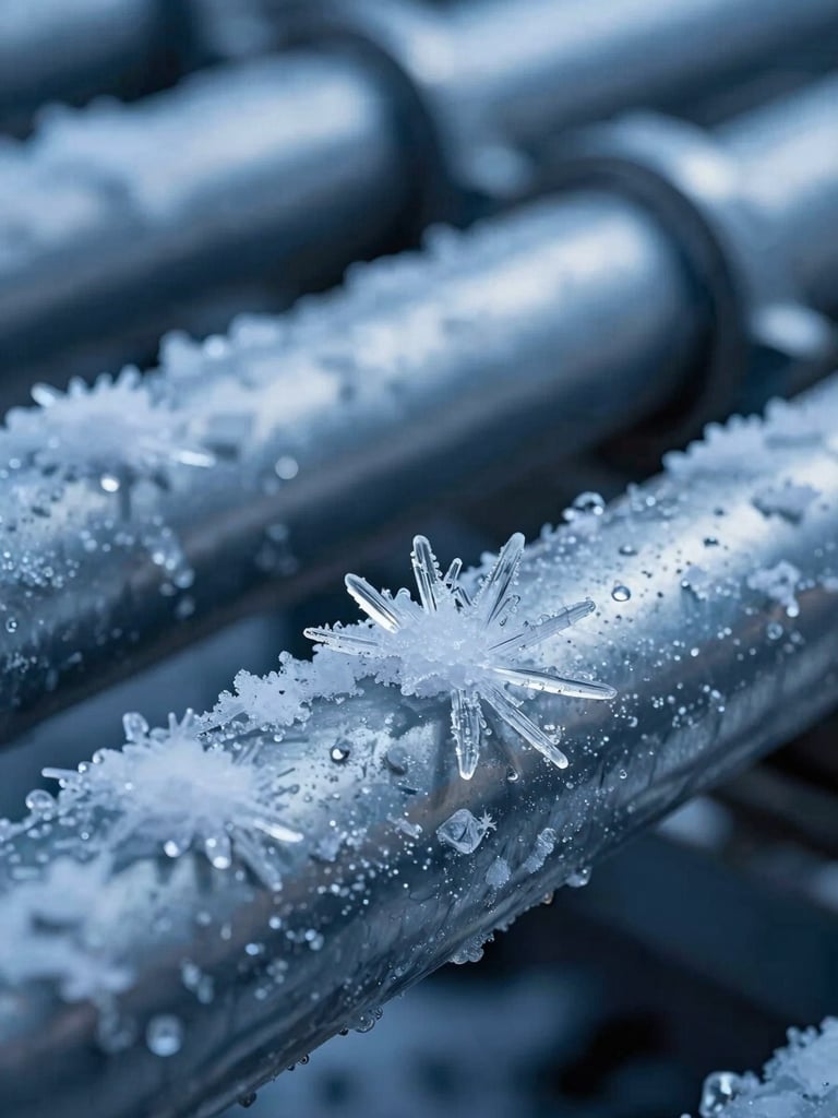 Macro close-up of pure ice crystals forming on steel industrial refrigeration pipes, sharp focus, cool blue lighting