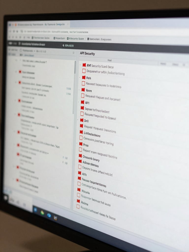 Close-up overhead of a wide monitor displaying dense API security scan output — red-flagged endpoints, status codes, request headers — under cool even studio lighting, no human faces, documentation feel