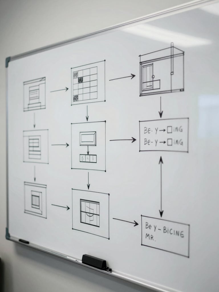 Close overhead view of a large whiteboard covered in architecture diagrams mid-session — marker lines, system boxes, arrows half-drawn — under cool even studio lighting, no people visible, work clearly in progress