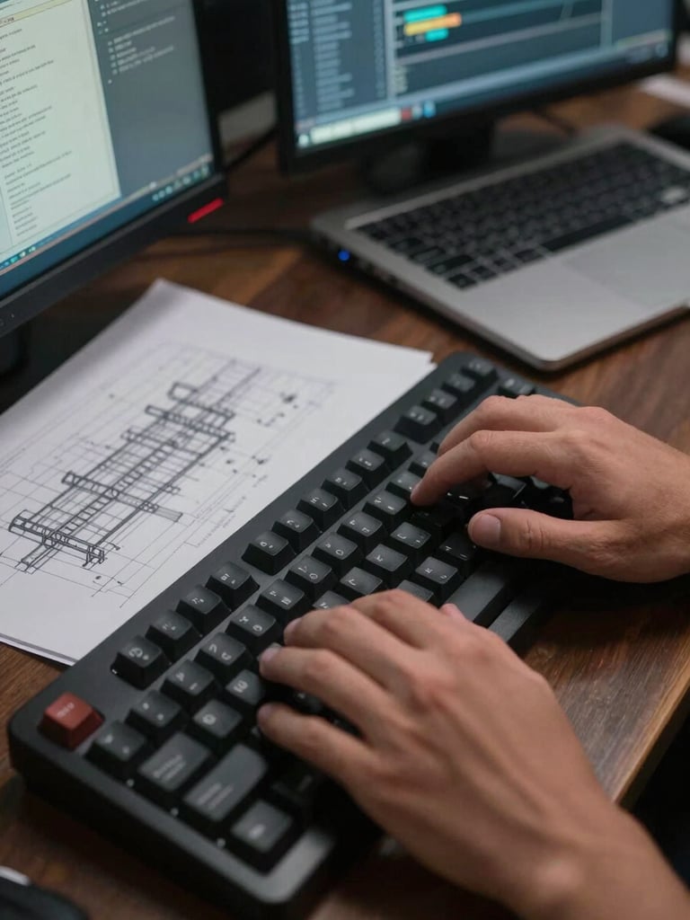 Close-up overhead of an engineer's hands on a mechanical keyboard, multiple terminal windows open on a dark monitor, architecture diagram sketched on paper beside the laptop, cool even studio lighting, no faces visible