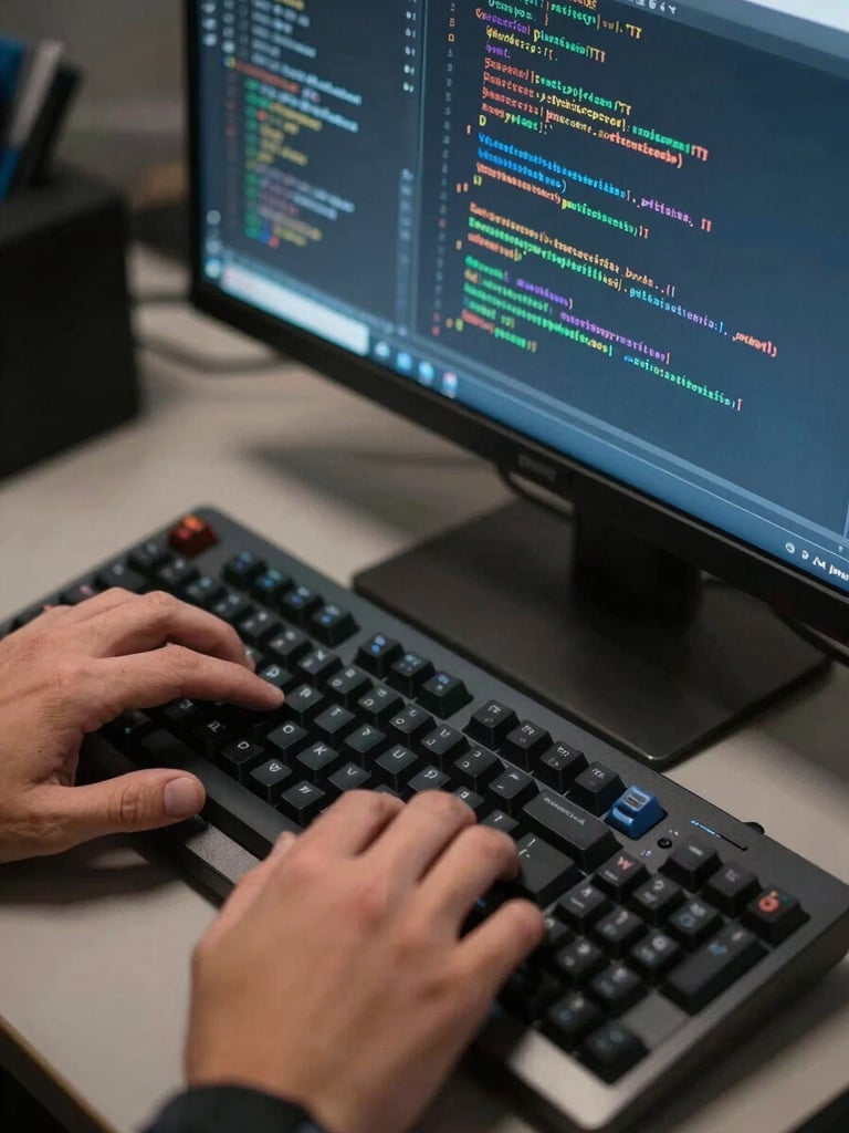 Close-up overhead of an engineer's hands on a mechanical keyboard, IDE open on a wide monitor showing dense code, cool even studio lighting, sharp focus on the screen text and fingertips