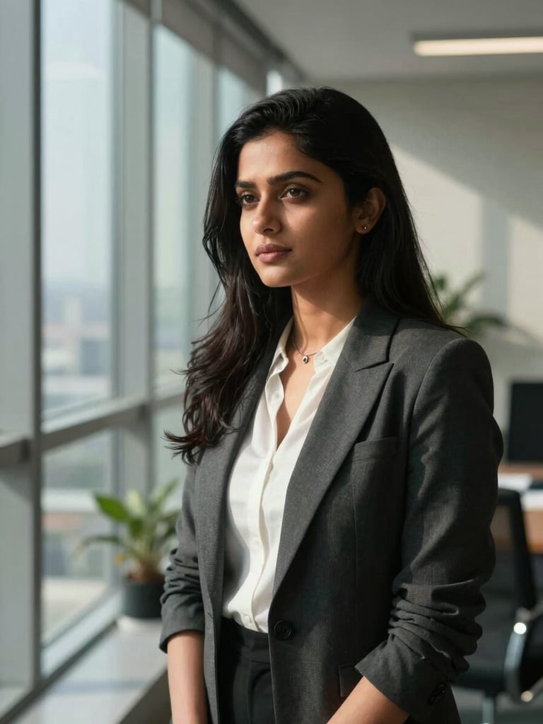 Tight, focused portrait of Kirti Dikshit in a modern architectural office, natural window light creating deep shadows, professional and analytical expression.