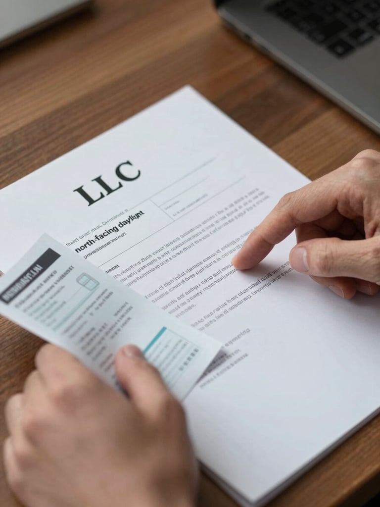 Extreme close-up of two hands resting on a wooden desk surface, one hand holding an open LLC registration document and a folded utility bill, the other hand pointing at a line of text on the document — north-facing daylight from a window to the left, sharp focus on the document letterhead and official stamp, shallow depth of field with a dark charcoal desk edge visible at the frame's right border
