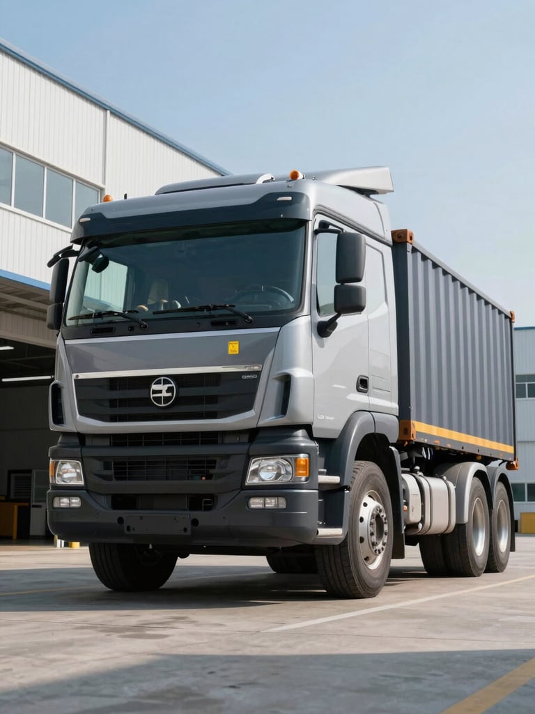 Low-angle heroic shot of a branded heavy-duty container truck parked outside a clean modern warehouse facility, crisp daylight, sharp details on the security seal.