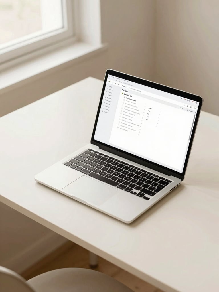 Overhead desk shot with a sleek laptop displaying a clean Notion workspace template, warm cream tones, minimalist workspace, soft natural window light