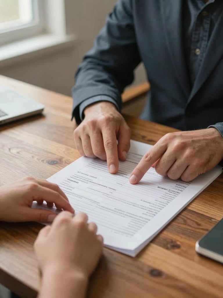 Close-up medium shot of an advisor's hands pointing at a printed loan amortization table on a wooden desk, a family member's hands visible across the table, warm window light from the left, modest home office setting, no faces, authentic documentary framing