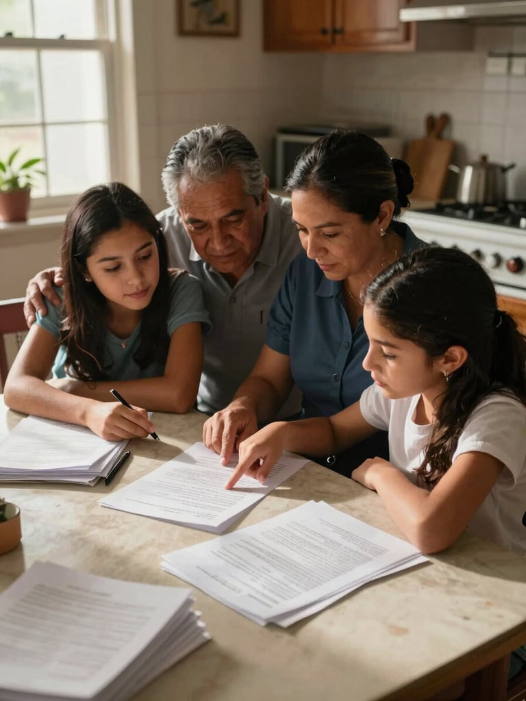 Wide medium shot from slightly above, a Mexican family of three seated at a modest kitchen table under warm north-facing window light, father and mother leaning in toward a printed document while their teenage daughter points at a line on the page, afternoon sun casting soft shadows across the table surface, stacks of papers and a pen visible, no eye contact with camera