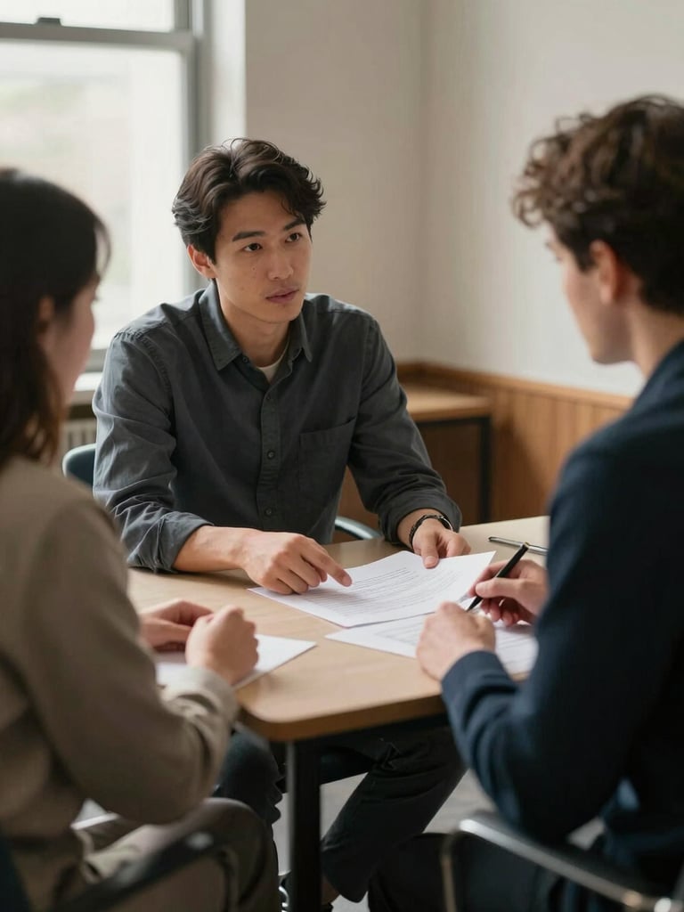 Medium shot of two people seated across a small table in a warmly lit advisor's office, one pointing at a document while the other listens, natural window light on their hands and papers, modest and unhurried atmosphere