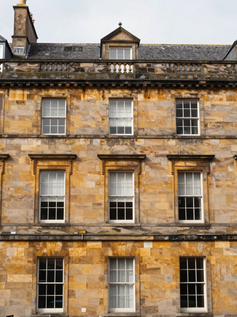Close-up architectural photograph of a classic Scottish sandstone townhouse facade, soft natural overcast daylight highlighting the rich golden stone texture, straight-on elevation crop.