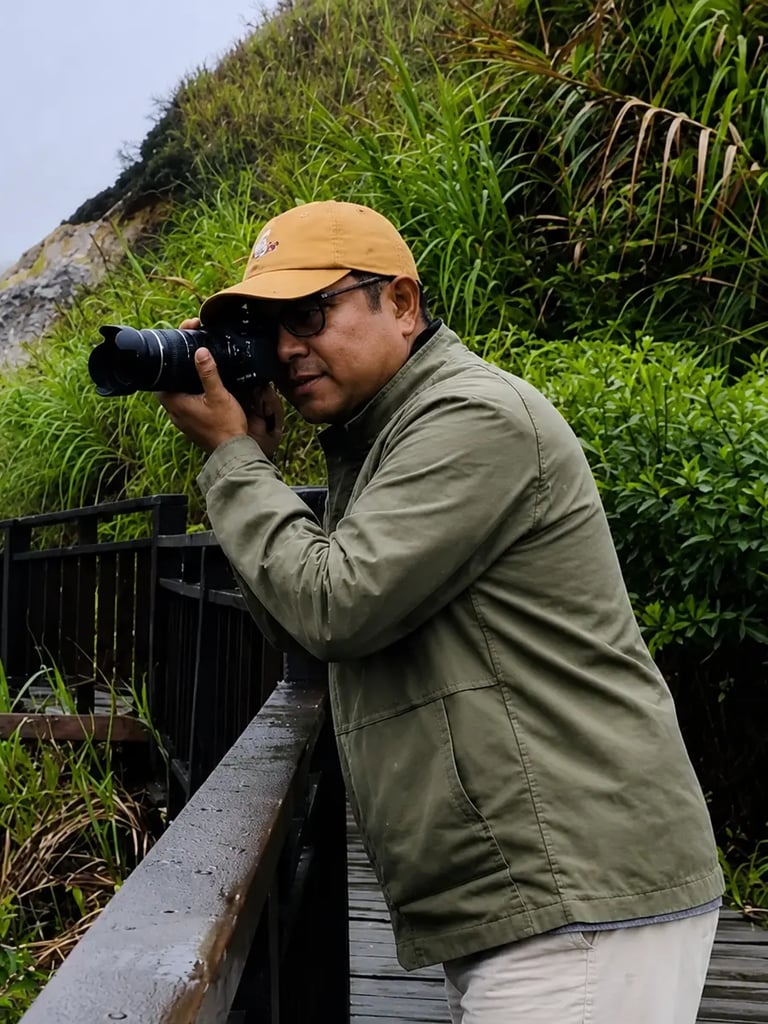 Photographer in a green jacket taking a picture with a DSLR camera on a wooden walkway in the mountains.