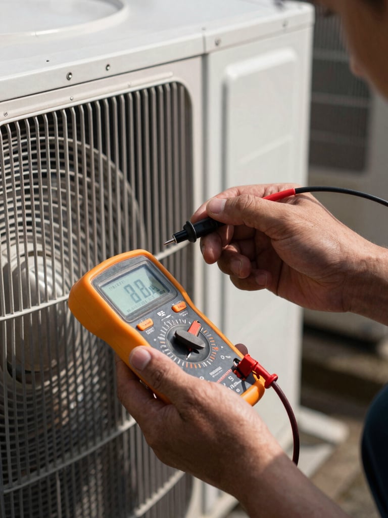 Close-up of a technician's hands in high-contrast light, testing voltage on an outdoor AC condenser unit with digital multimeter, crisp focus, industrial style.