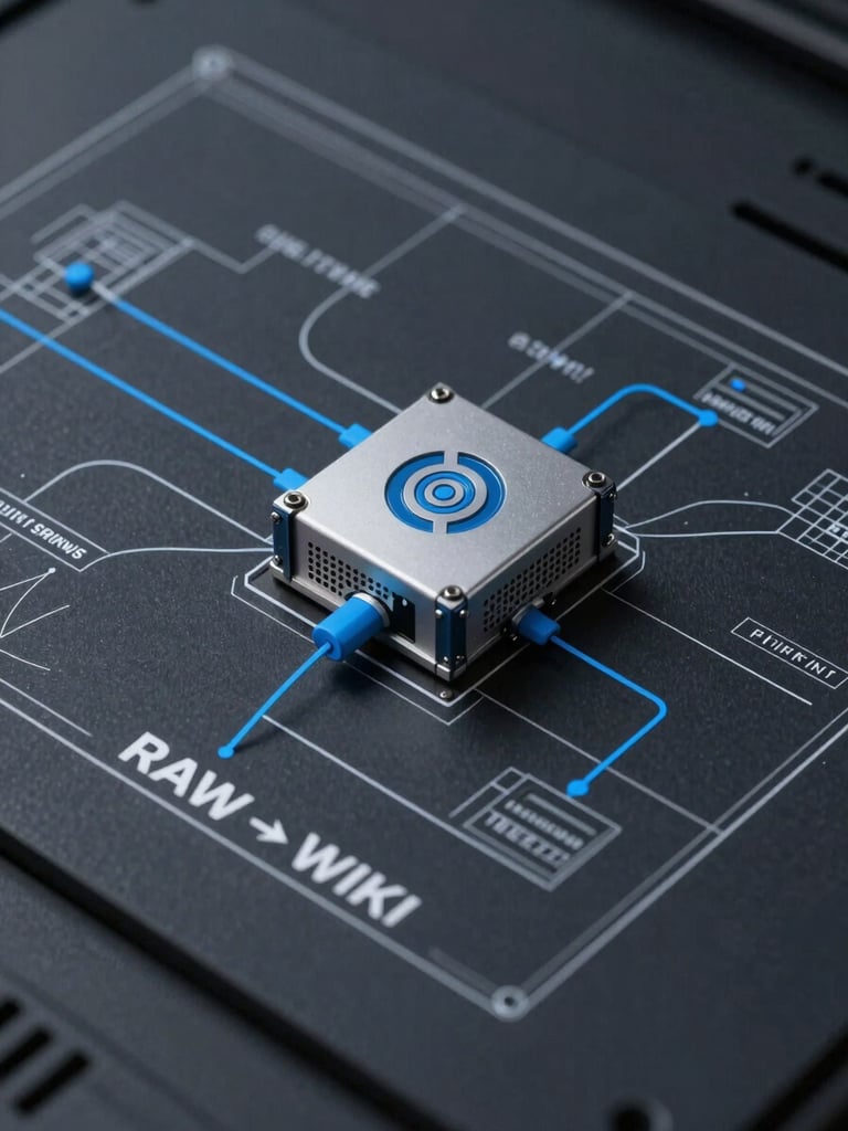 Technical blueprint schematic of an on-premise local server connection, clean vector lines, dark slate background with crisp technical blue accents, showing secure data flow from RAW to WIKI vault.