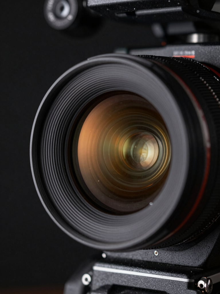 Extreme close-up of a high-end cinema camera lens reflecting a sharp amber light source in a dark studio setting, technical noir