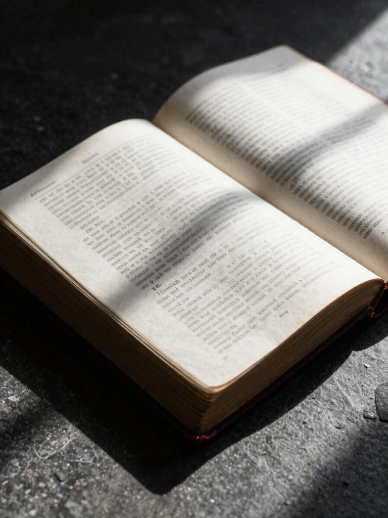 Stark high-contrast close-up of a vintage leather-bound Bible open on a dark stone surface, side-shadows casting deep chiaroscuro lines across the pages