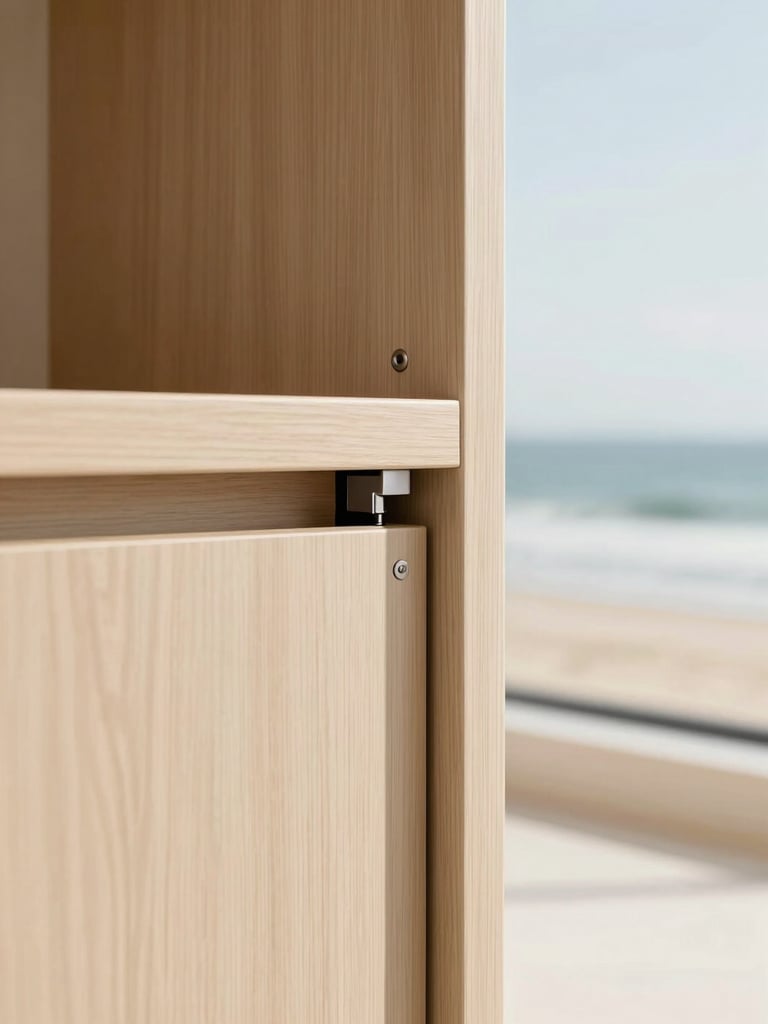 Close-up detail of a flush wood cabinet joint, showing a hidden cable management channel and premium soft-close hardware, warm beige wood tones, bright coastal daylight, 35mm.