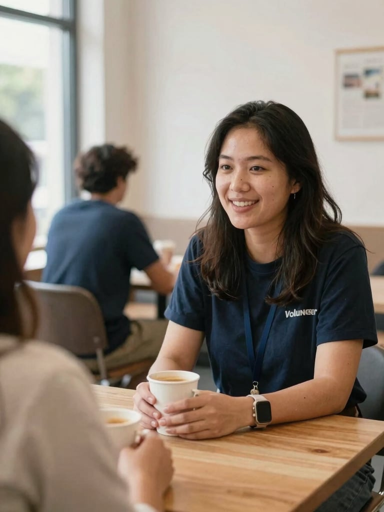 A candid portrait of a volunteer mentor and a local adult discussing career goals over coffee in a bright community center, warm approachable tones, soft natural daylight, 35mm lens